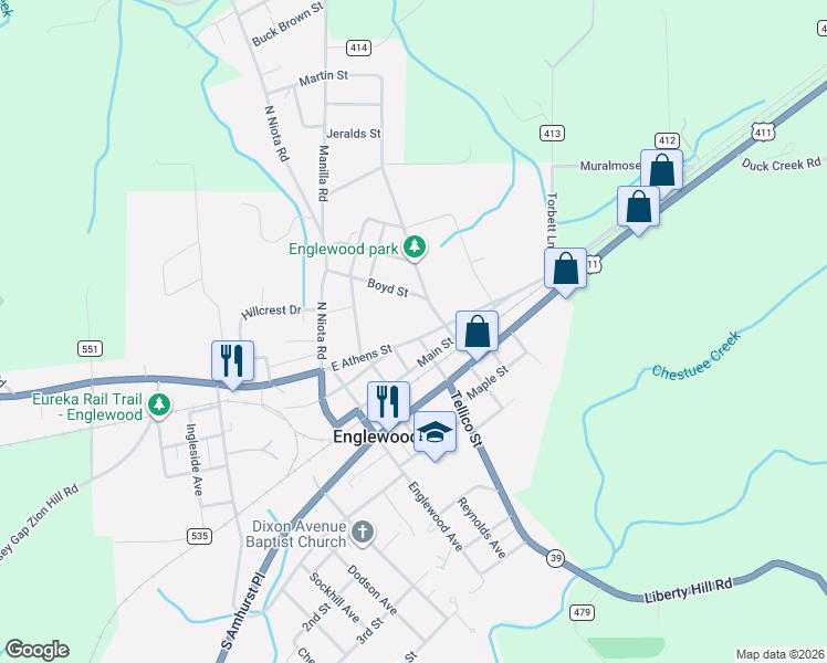 map of restaurants, bars, coffee shops, grocery stores, and more near 125 East Athens Street in Englewood