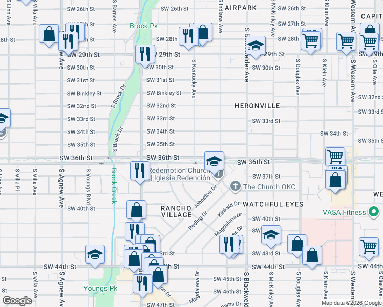 map of restaurants, bars, coffee shops, grocery stores, and more near 3635 South Kentucky Avenue in Oklahoma City