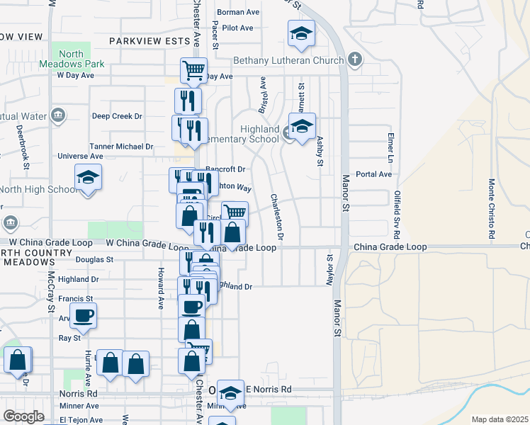 map of restaurants, bars, coffee shops, grocery stores, and more near 2320 Olympic Drive in Bakersfield