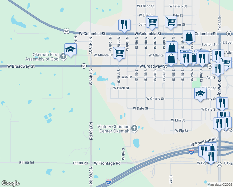 map of restaurants, bars, coffee shops, grocery stores, and more near 307 South 11th Street in Okemah