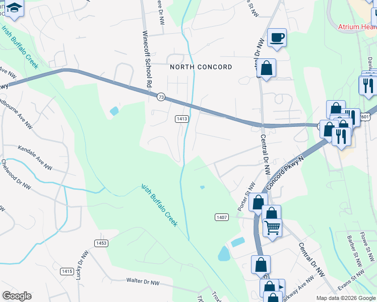 map of restaurants, bars, coffee shops, grocery stores, and more near 1025 Gaither Place Northwest in Concord