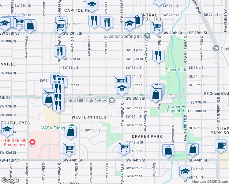 map of restaurants, bars, coffee shops, grocery stores, and more near 525 Southwest Grand Boulevard in Oklahoma City