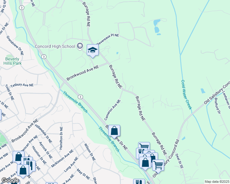 map of restaurants, bars, coffee shops, grocery stores, and more near 307 Burrage Road Northeast in Concord