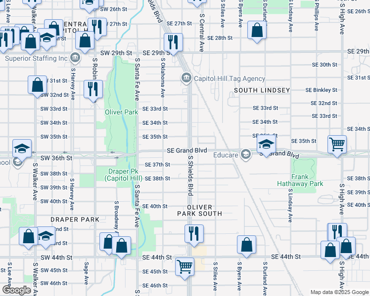 map of restaurants, bars, coffee shops, grocery stores, and more near 125 Southeast Grand Boulevard in Oklahoma City