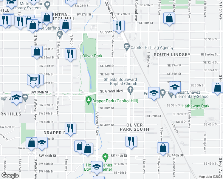 map of restaurants, bars, coffee shops, grocery stores, and more near 45 Southeast Grand Boulevard in Oklahoma City