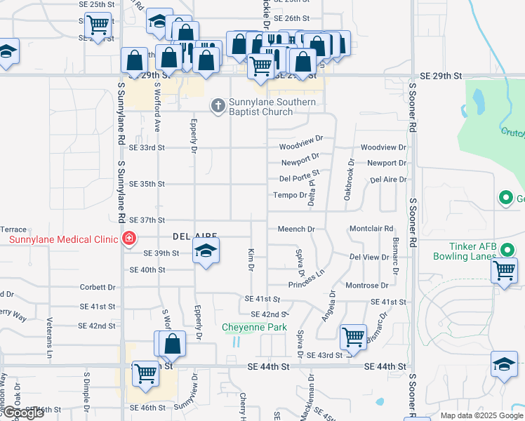 map of restaurants, bars, coffee shops, grocery stores, and more near 3709 Vickie Drive in Del City