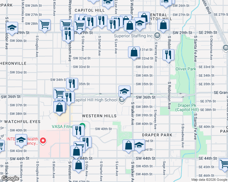 map of restaurants, bars, coffee shops, grocery stores, and more near 601 Southwest Grand Boulevard in Oklahoma City