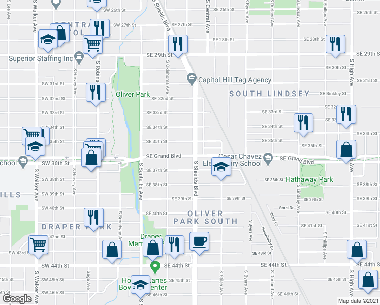 map of restaurants, bars, coffee shops, grocery stores, and more near 3621 S Shields Blvd in Oklahoma City