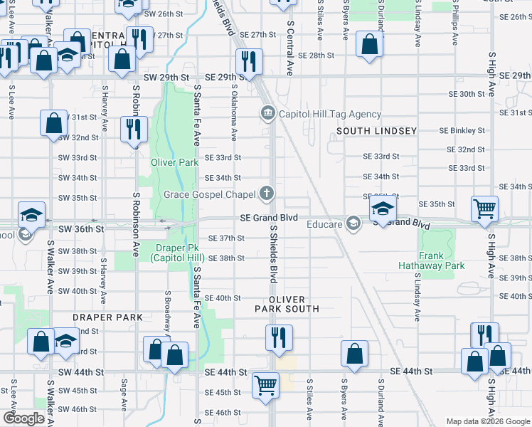 map of restaurants, bars, coffee shops, grocery stores, and more near 129 Southeast Grand Boulevard in Oklahoma City