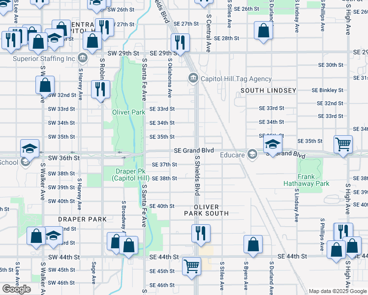 map of restaurants, bars, coffee shops, grocery stores, and more near 125 Southeast Grand Boulevard in Oklahoma City