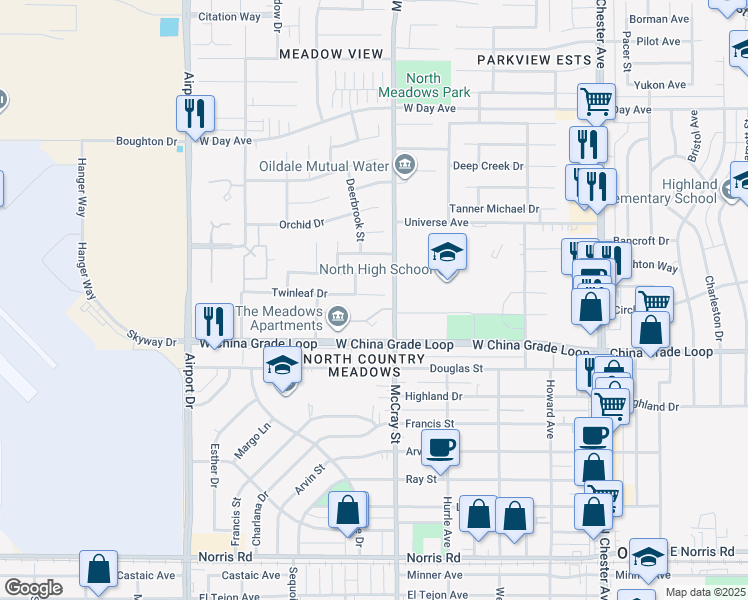 map of restaurants, bars, coffee shops, grocery stores, and more near 513 Twinleaf Drive in Bakersfield
