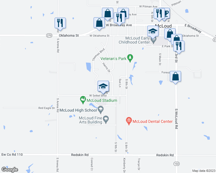 map of restaurants, bars, coffee shops, grocery stores, and more near 560 West Heritage Park Road in McLoud