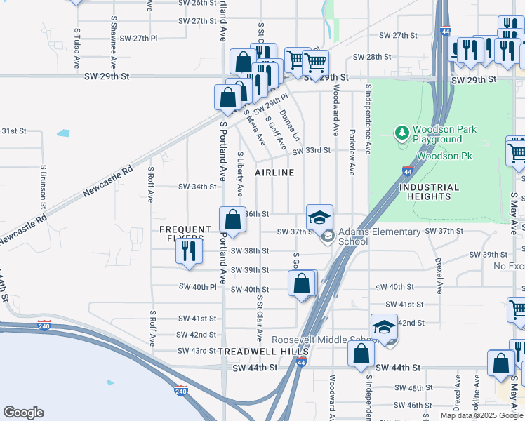 map of restaurants, bars, coffee shops, grocery stores, and more near 3529 Southwest 36th Street in Oklahoma City