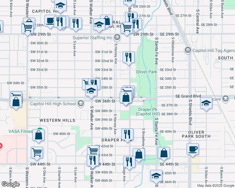 map of restaurants, bars, coffee shops, grocery stores, and more near 3616 South Harvey Avenue in Oklahoma City