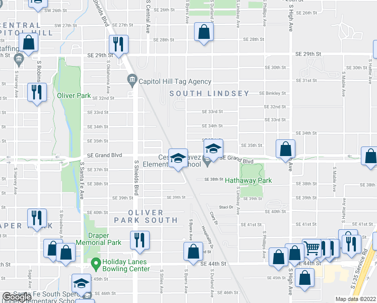 map of restaurants, bars, coffee shops, grocery stores, and more near 501 Southeast Grand Boulevard in Oklahoma City