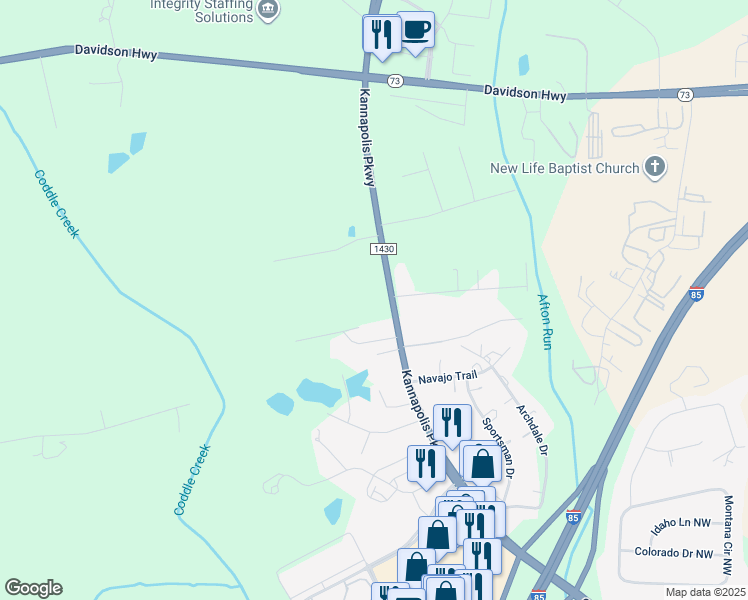 map of restaurants, bars, coffee shops, grocery stores, and more near 923 Kannapolis Parkway in Concord