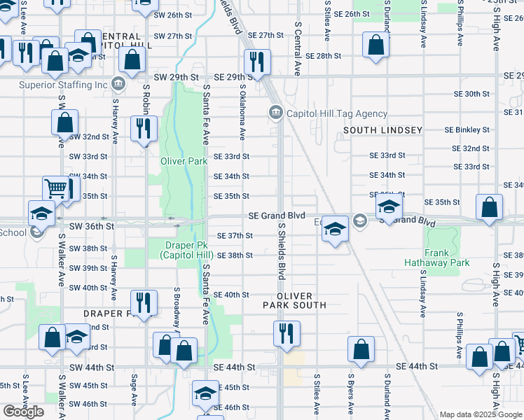 map of restaurants, bars, coffee shops, grocery stores, and more near 125 Southeast Grand Boulevard in Oklahoma City