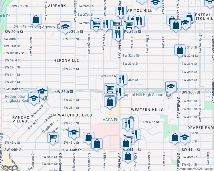 map of restaurants, bars, coffee shops, grocery stores, and more near 924 Southwest 35th Street in Oklahoma City
