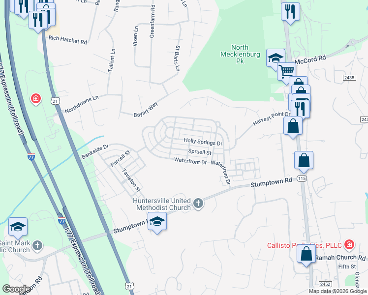 map of restaurants, bars, coffee shops, grocery stores, and more near 16635 Spruell Street in Huntersville