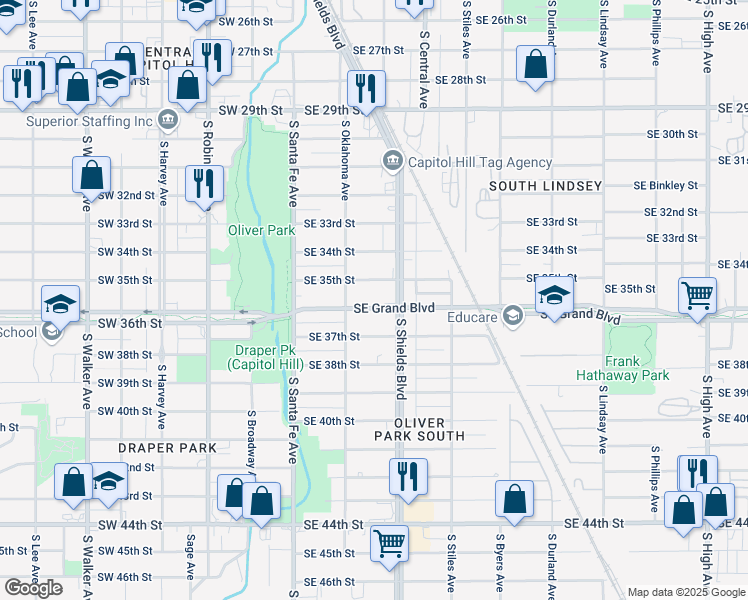 map of restaurants, bars, coffee shops, grocery stores, and more near 125 Southeast Grand Boulevard in Oklahoma City