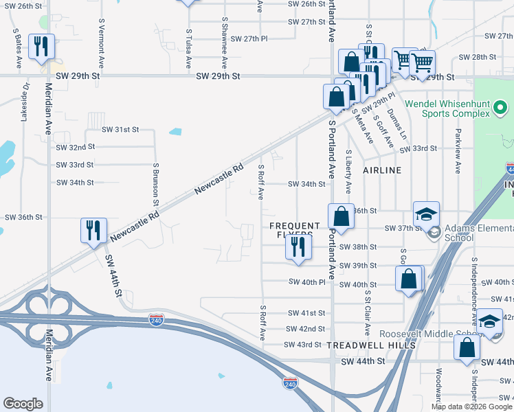 map of restaurants, bars, coffee shops, grocery stores, and more near 3605 South Roff Avenue in Oklahoma City