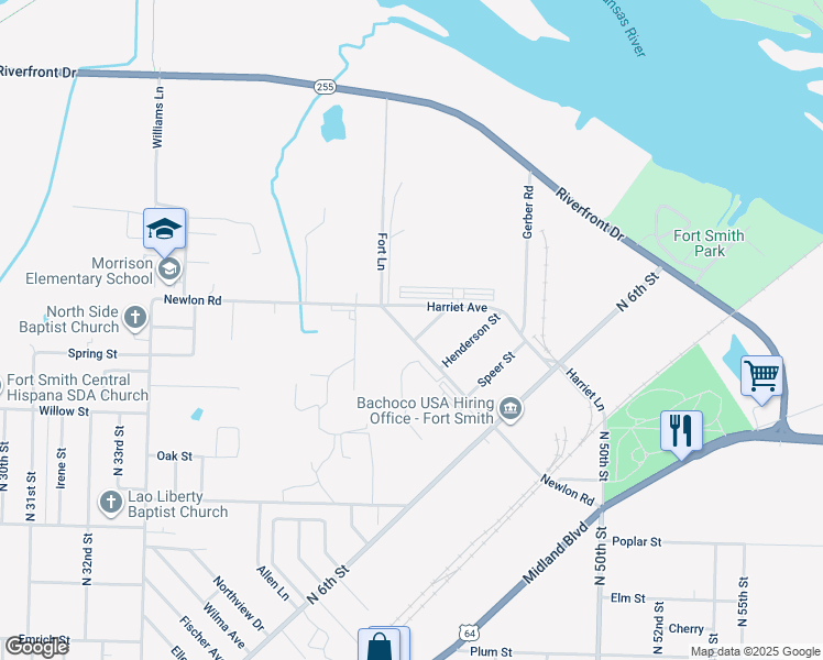 map of restaurants, bars, coffee shops, grocery stores, and more near 4239 Newlon Road in Fort Smith