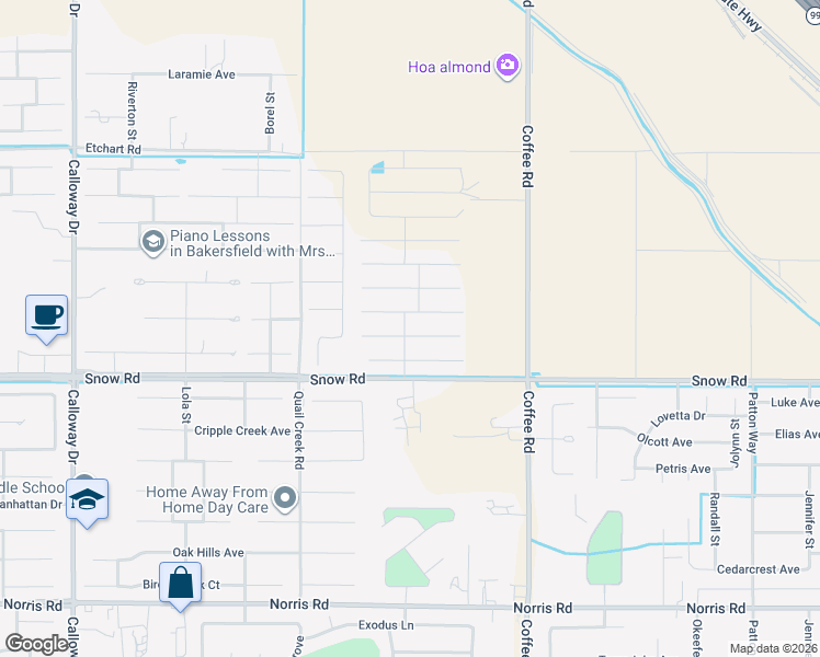 map of restaurants, bars, coffee shops, grocery stores, and more near 8502 Jean Anne Street in Bakersfield
