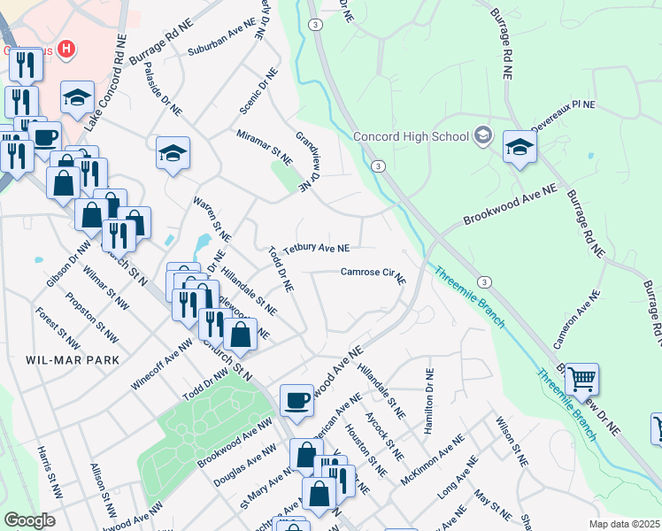 map of restaurants, bars, coffee shops, grocery stores, and more near 522 Camrose Circle Northeast in Concord