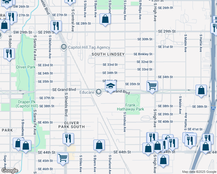 map of restaurants, bars, coffee shops, grocery stores, and more near 547 Southeast Grand Boulevard in Oklahoma City