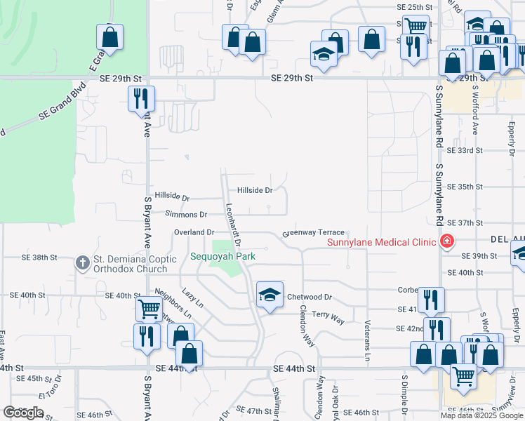 map of restaurants, bars, coffee shops, grocery stores, and more near 3413 Simmons Drive in Del City