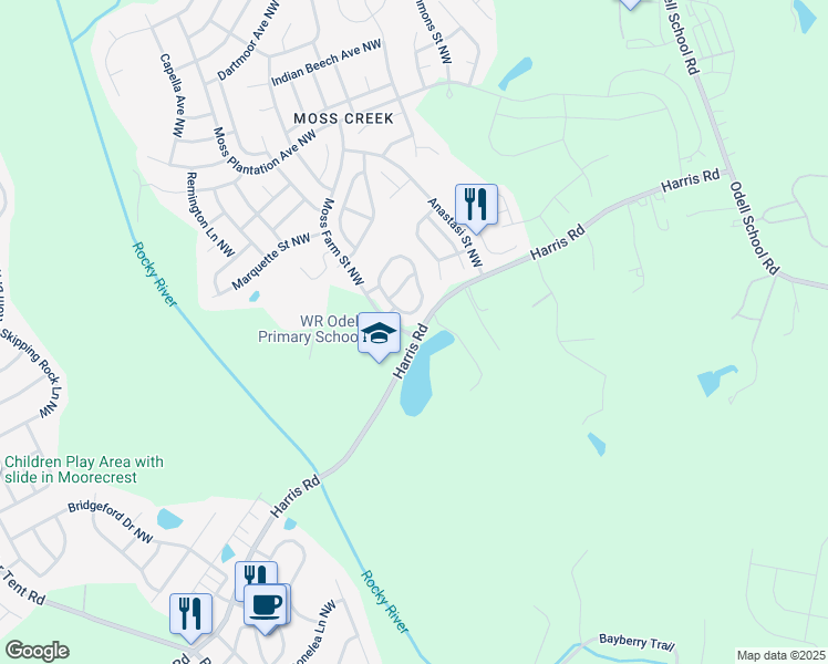 map of restaurants, bars, coffee shops, grocery stores, and more near 9480 Harris Road in Concord