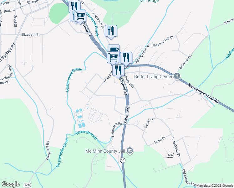map of restaurants, bars, coffee shops, grocery stores, and more near 106 Shryer Road in Athens