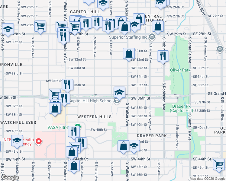 map of restaurants, bars, coffee shops, grocery stores, and more near 601 Southwest Grand Boulevard in Oklahoma City
