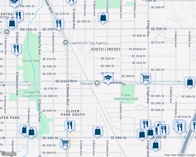 map of restaurants, bars, coffee shops, grocery stores, and more near 513 Southeast Grand Boulevard in Oklahoma City