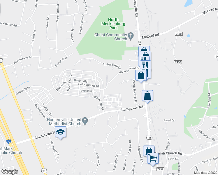 map of restaurants, bars, coffee shops, grocery stores, and more near 16028 Farmall Drive in Huntersville