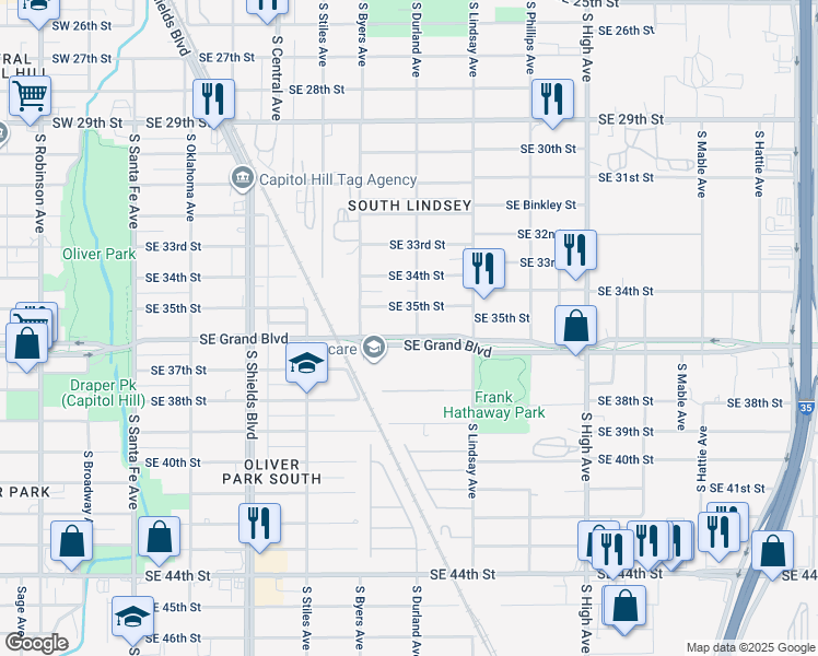 map of restaurants, bars, coffee shops, grocery stores, and more near 547 Southeast Grand Boulevard in Oklahoma City