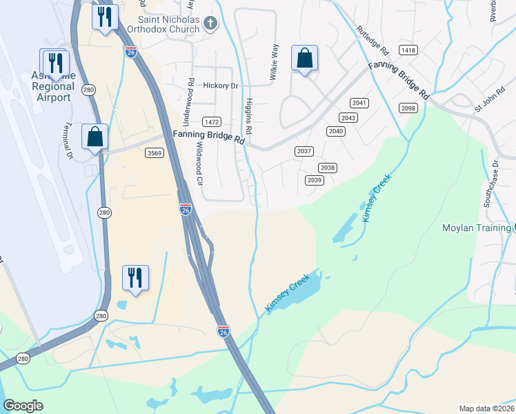 map of restaurants, bars, coffee shops, grocery stores, and more near 126 North Garden Court in Fletcher