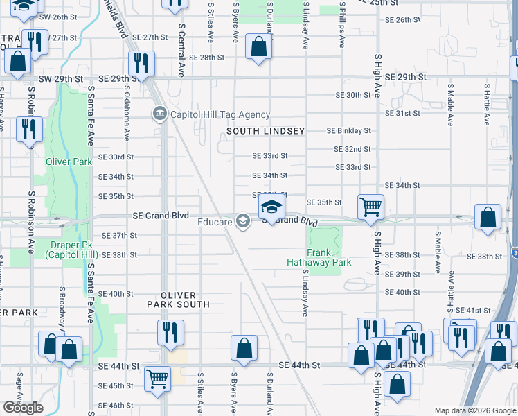 map of restaurants, bars, coffee shops, grocery stores, and more near 547 Southeast Grand Boulevard in Oklahoma City