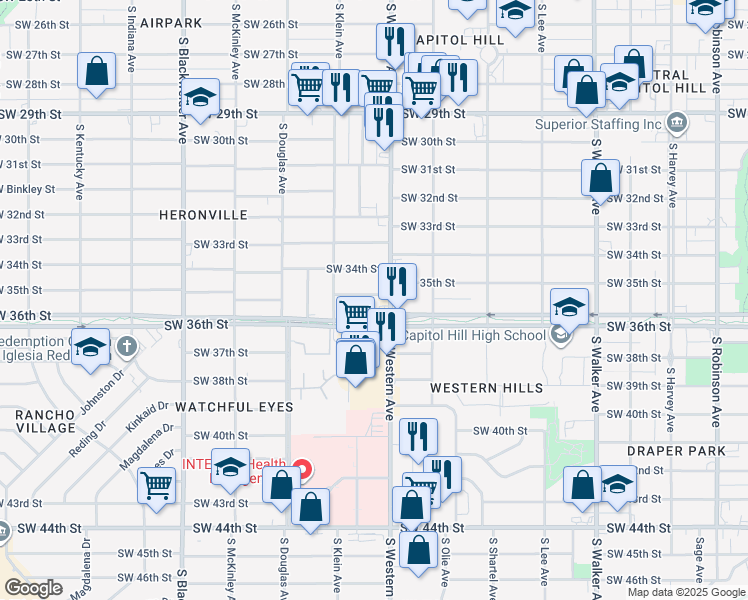 map of restaurants, bars, coffee shops, grocery stores, and more near 924 Southwest 35th Street in Oklahoma City