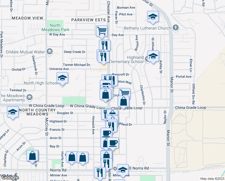 map of restaurants, bars, coffee shops, grocery stores, and more near 108 Circle Drive in Bakersfield