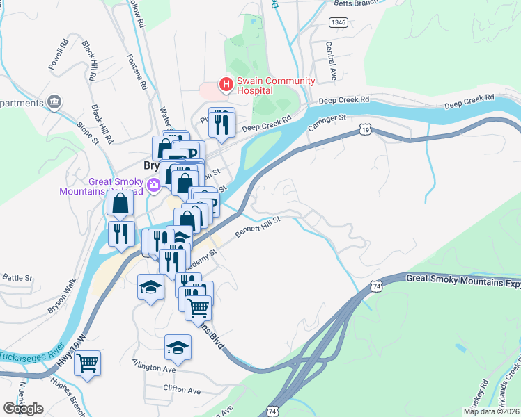 map of restaurants, bars, coffee shops, grocery stores, and more near 107 Franklin Street in Bryson City