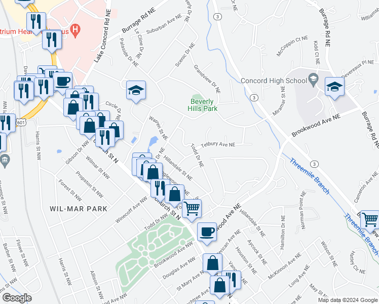 map of restaurants, bars, coffee shops, grocery stores, and more near 111 Winecoff Avenue Northeast in Concord