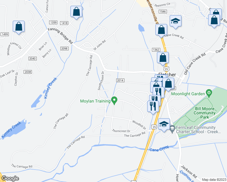 map of restaurants, bars, coffee shops, grocery stores, and more near 396 Glensprings Drive in Fletcher