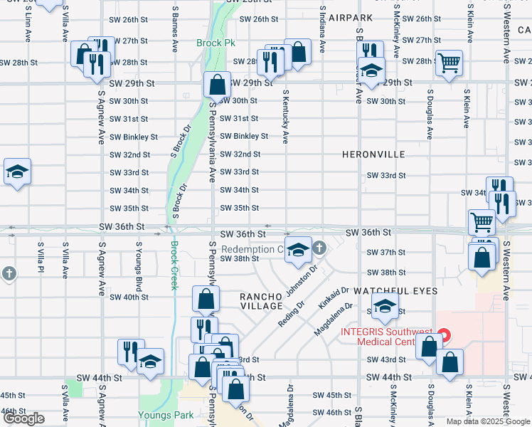 map of restaurants, bars, coffee shops, grocery stores, and more near 1545 Southwest 36th Street in Oklahoma City