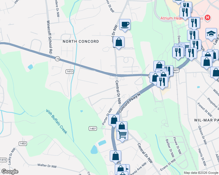 map of restaurants, bars, coffee shops, grocery stores, and more near 64 Lowe Avenue Northwest in Concord