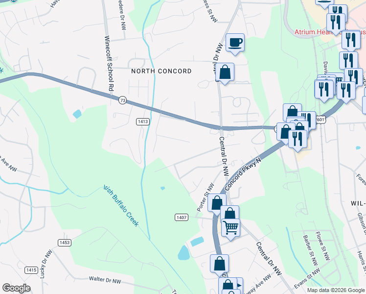 map of restaurants, bars, coffee shops, grocery stores, and more near 95 Lowe Avenue Northwest in Concord