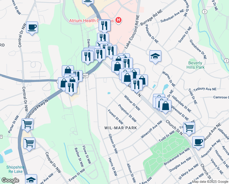map of restaurants, bars, coffee shops, grocery stores, and more near 789 Davidson Drive Northwest in Concord