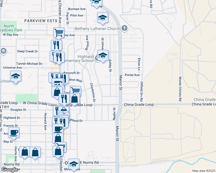 map of restaurants, bars, coffee shops, grocery stores, and more near 321 Circle Drive in Bakersfield