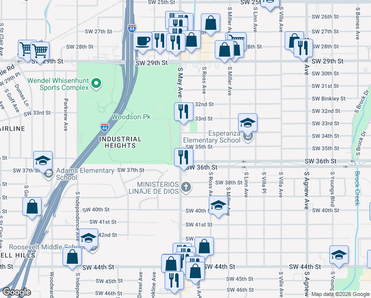 map of restaurants, bars, coffee shops, grocery stores, and more near 2821 Southwest Grand Boulevard in Oklahoma City