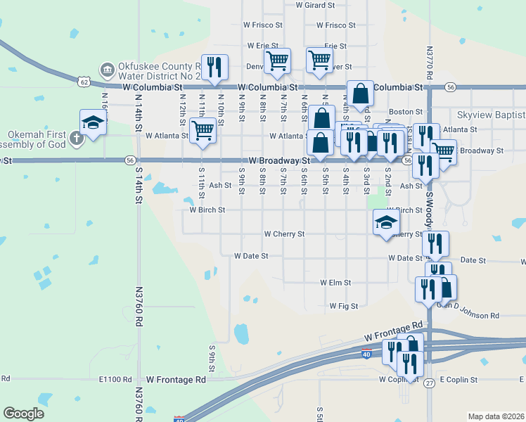 map of restaurants, bars, coffee shops, grocery stores, and more near 307 S 8th St in Okemah